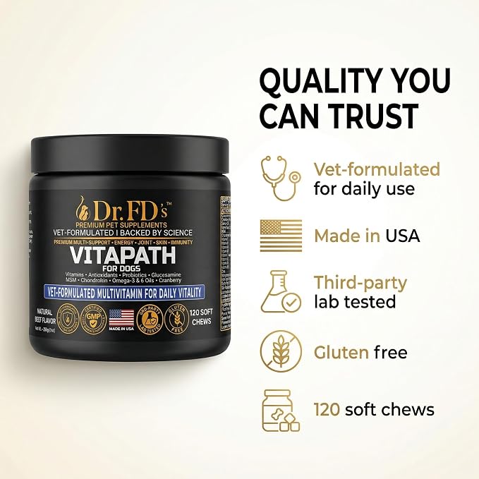 Dr. FD's VitaPath Dog Multivitamin, Vet-Formulated Soft Chews, 120 Count, Daily Vitamins with Antioxidants and Omegas for Skin and Coat, Energy and Healthy Aging, Natural Beef Flavor