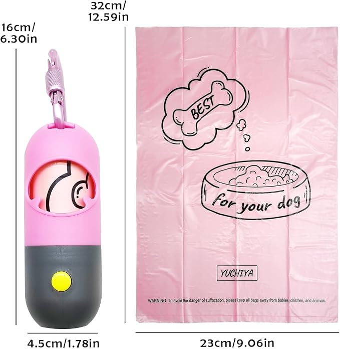 Dog Poop Bag Holder with LED Flashlight for Night Walks,Silicone Tether & Donut Pattern Clip for Used Bags, Hands-Free Metal Leash Carabiner, Includes 15 Scented Waste Bags(Pink)