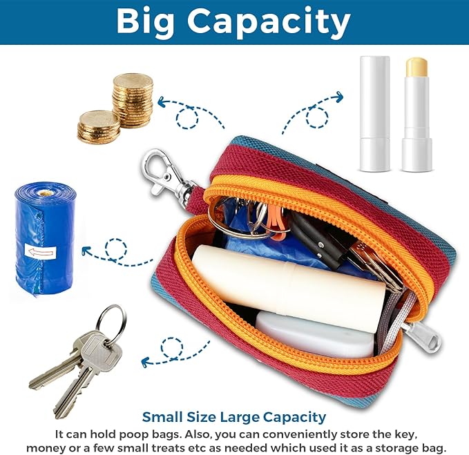 Dog Poop Bag Holder for Leash, Zippered Canvas Poop Bag Dispenser Pouch with Velcro Straps & Metal Carabiner Clip, Holds Keys & Treats for Daily Dog Walking