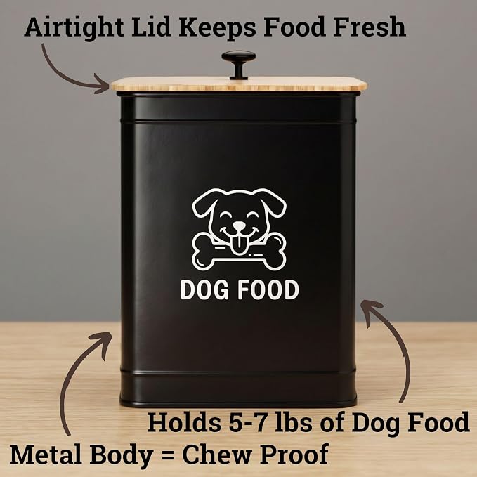 Metal Dog Food Container 5-7lb, 7lb, Bamboo, Black: Dog Face