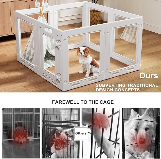 Clear Acrylic Dog Playpen with Door,23.6" Puppy Playpen,Easy Assemble Pet Fence,8-Panel for Puppies/Small Dog Play Pen Indoor (White-8, 23.6 Inch-H, 8 Panel)