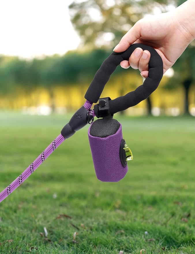 Gobeigo【Easy Pull-Out Version】 Dog Poop Bag Holder,【2-in-1 Hard Plastic Insert & Soft Fabric Bag】Snap-On Strap Dispenser Fits Retractable and Standard Leashes with 1 Roll Bags (Purple)