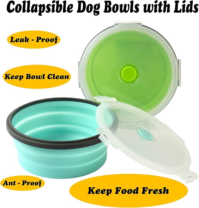 2-Pack Collapsible Silicone Travel Dog Bowls with Lids, 17oz/500ml