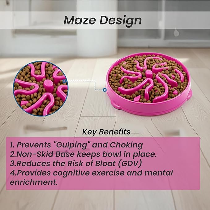 Slow Feeder Dog Bowl for Small, Medium & Large Dogs – Anti-Gulping Puzzle Maze Bowl, Non-Slip Slow Eating Dog Dish, Prevents Bloat & Improves Digestion, Interactive Pet Feeder (Pink, Large)