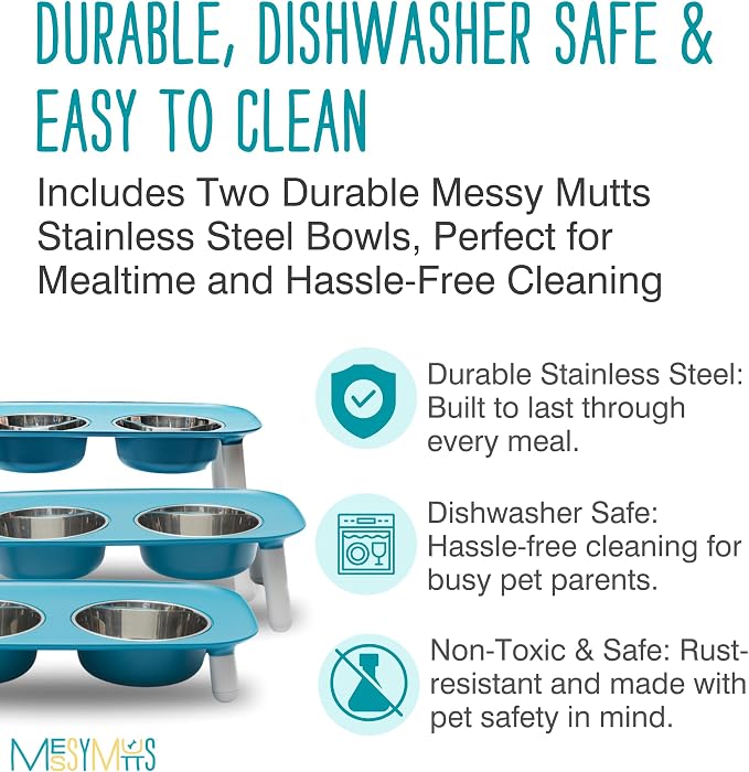 Messy Mutts Elevated Double Dog Feeder, Adjustable Height, Blue | Adjustable-Height Elevated Double Dog Feeder With Two 5 Cup Stainless Bowls, Legs Set To 3, 5, Or 10 Inches