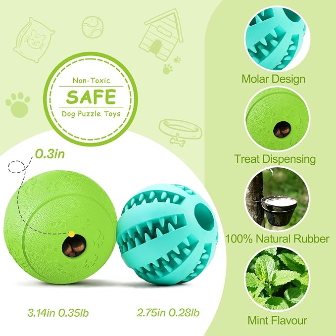 HIPPIH Dog Puzzle Toy 2 Pack, Interactive Dog Toys for Treat Dispensing | Durable Puppy Enrichment Toys, Dog Treat Ball for Teething, Slow Feeder, IQ Training, Blue-2.75'', Green-3.14