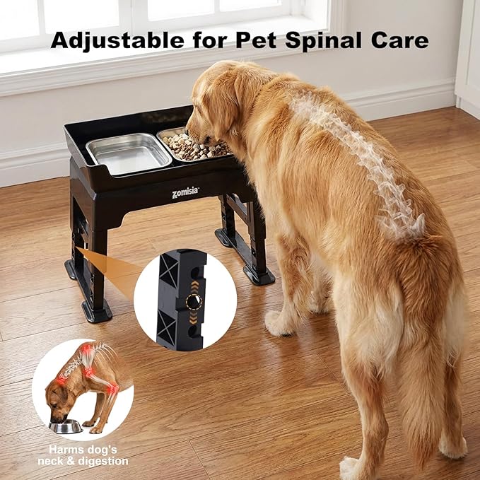 ZOMISIA 3-in-1 Elevated Dog Bowls - 6 Height Adjustable Raised Dog Bowl Stand, Double Deck Design Mess Proof, Feeding Station with 2 Stainless Steel Bowls & Licking Plate for Small Medium Large Pets