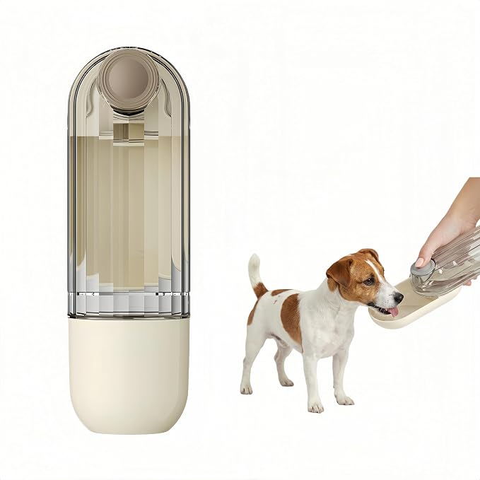 Portable Dog Water Bottle with Food Container, 2-in-1, Beige