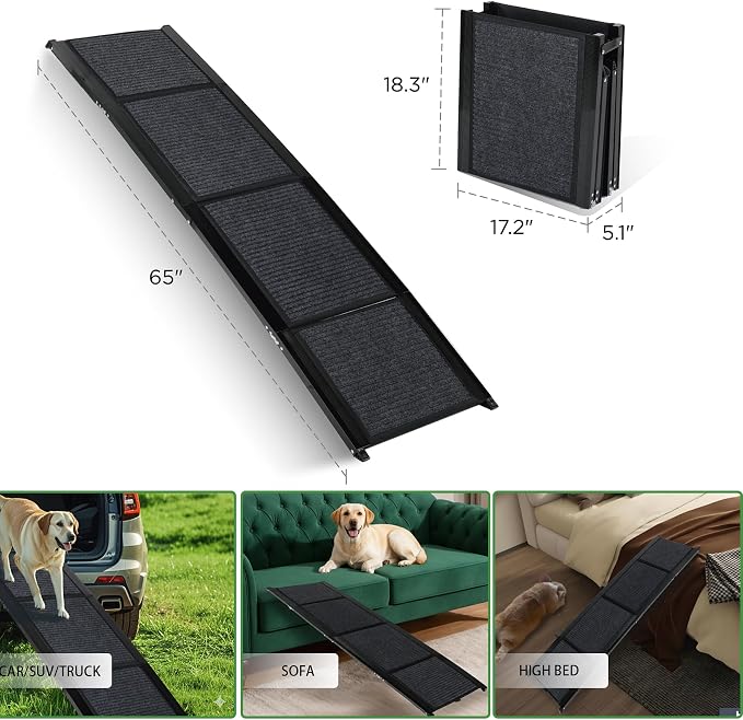 Extra Wide Dog Ramp for Large Dogs, 65" Foldable Aluminum Pet Car Ramp with Non-Slip Loofah Surface, 4-Fold Portable Dog Ramp for SUV Trucks High Beds, Joint-Friendly Gentle Incline