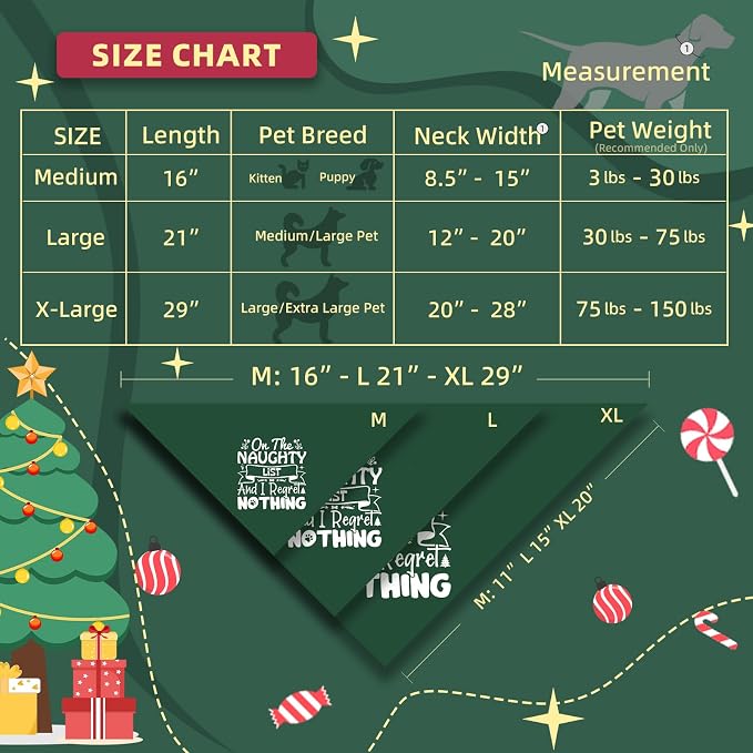 Christmas Dog Bandanas Naughty & Nice Idea Funny Holiday Stocking Pet Scarf Gifts, Large, Medium, Green