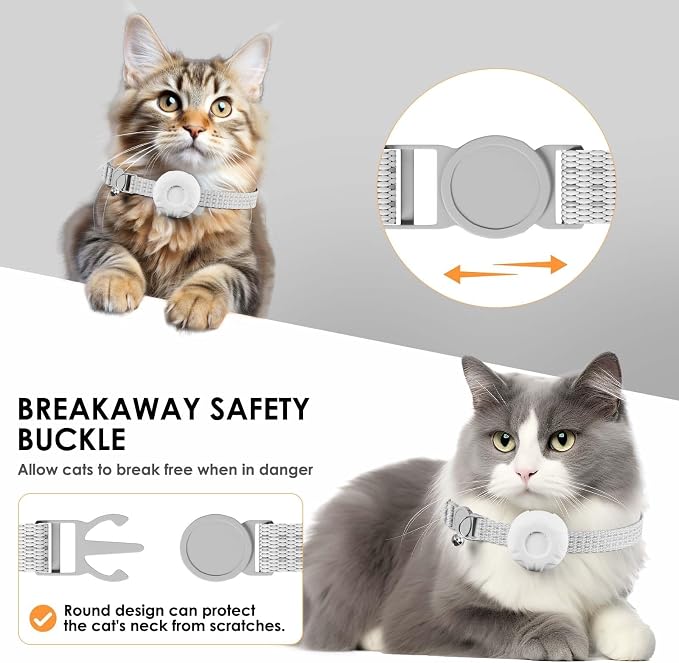 GPS Tracker for Cats, Cat Tracker, Compatible with Apple Find My App (Only iOS), No Monthly Fee, Breakaway Collar Included (White Tracker, White Cat Collar)