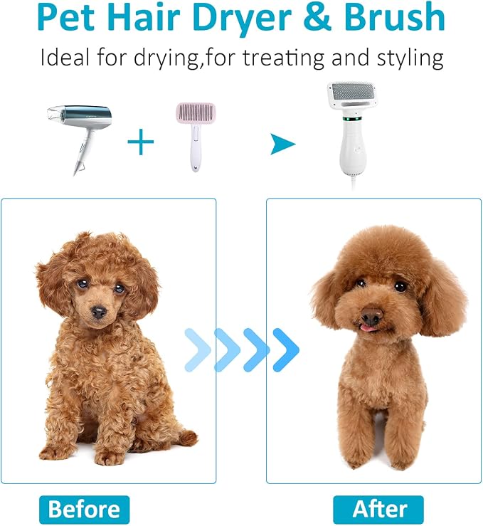 Dog Hair Dryer,2 in 1 Pet Hair Dryer with Slicker Brush,Dog Blow Dryer with 2 Adjustable Heat Setting Dogs Bath Brush for Grooming Small Medium Dogs Cats