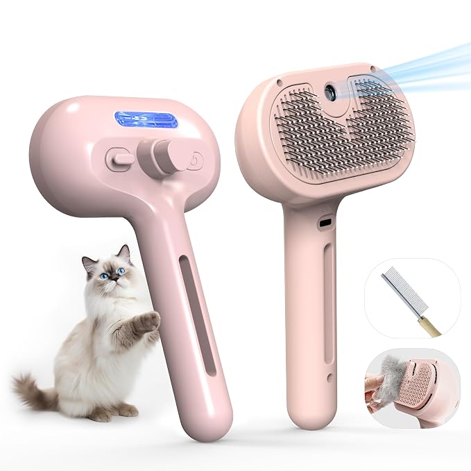 Pet Grooming Brush with Electronic Mist Spray, Red