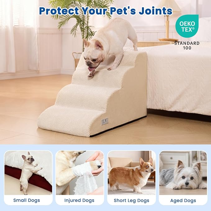 Airpanda Dog Steps for Bed, 4 Step Pet Stairs for Small and Medium Dogs, Non-Slip Dog Ramp with Washable Cover, High-Density Support Foam for Easy Climbing,Beige