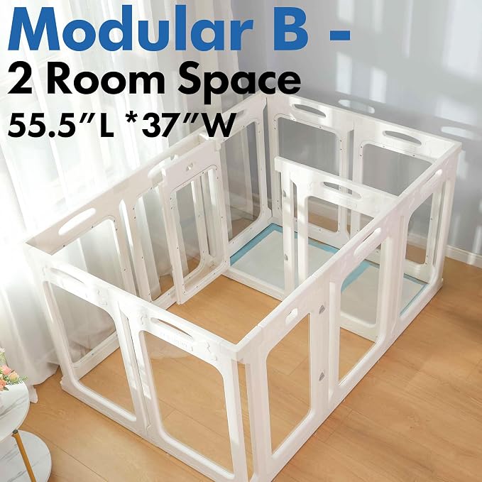 12 Panels Clear Dog Playpen, Modular 2 Room & Toilet Area, Height 30", Ideal for Small & Toy Dogs, White