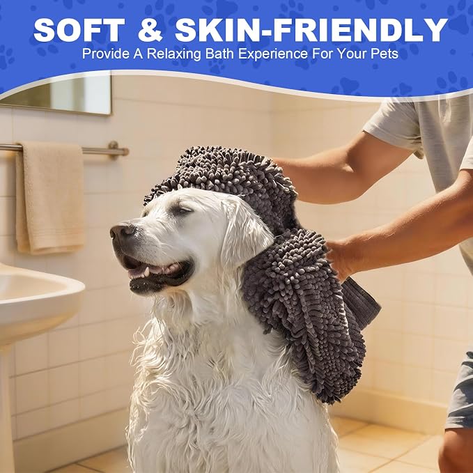 WOUSEDO Quick Dry Shammy Dog Towel, Super Absorbent Microfiber & Chenille Pet Bath Towel for Dogs, Extra Large 13.8 x 31.5 Inches, Wash Grooming Towels for Small to Large Pets (1- Pack Grey)