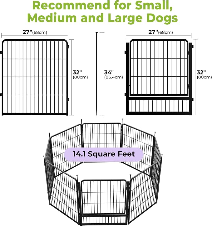 SunsGrove Dog Playpen Outdoor, 32 inch, 8 Panels with Wider Door for Small and Medium Dogs, Free and Safe Play Dog Fence Indoor, Black