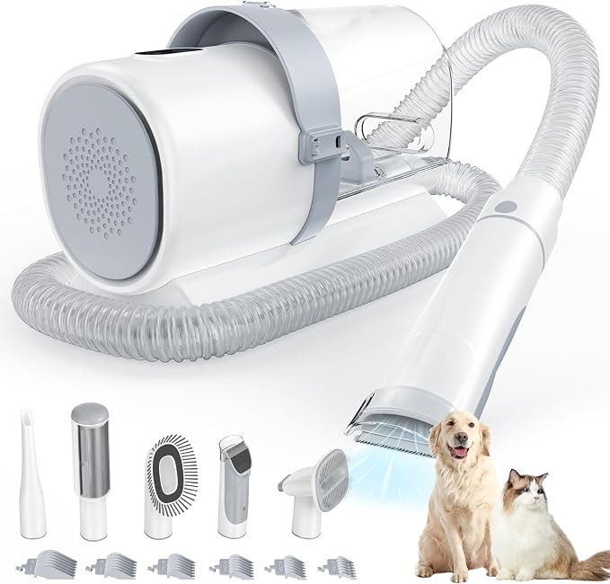 DUMOS Pet Grooming Vacuum Kit, 3 Adjustable Suction Modes, 2.5L | Dog Hair Clipper, 5 Professional Grooming Tools with Low Noise Cat Hair Clippers, Ivory