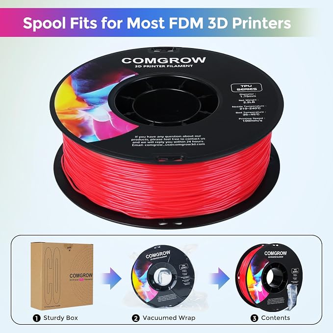 Comgrow TPU Filament 1.75, 3D Printing Filament, Flexible 3D Printer Filament, 95A Soft 3D Printing Filament fit Most 3D Printers Dimensional Accuracy +/- 0.02mm Filament TPU Red 1kg (2.2lbs)