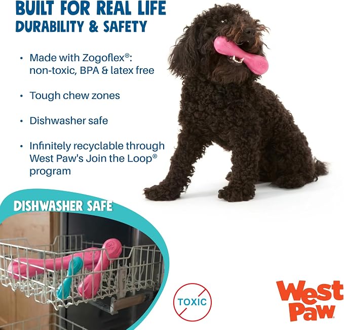 WEST PAW Zogoflex Hurley Dog Bone Chew Toy – Floatable Pet Toys for Aggressive Chewers, Catch, Fetch – Bright-Colored Bones for Dogs – Recyclable, Dishwasher-Safe, Non-Toxic, Large, Teal (Pack of 2)