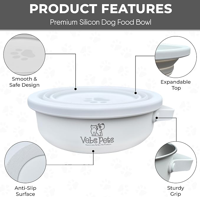 Vebs Pets Stainless Steel Dog Bowl with Collapsible Lid, Vaporous Grey