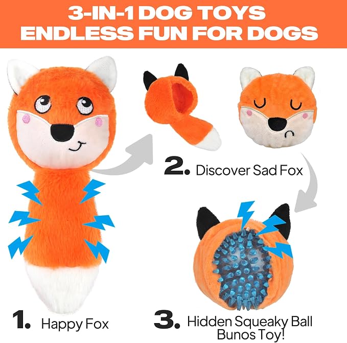 Fida Squeaky Dog Toys for Aggressive Chewers, 3 in 1, Tough Dog Ball | Dog Chew Toys with 3 Layers, to Keep Them Busy, Interactive for Small, Medium and Large Dogs, Gift Box, Fox