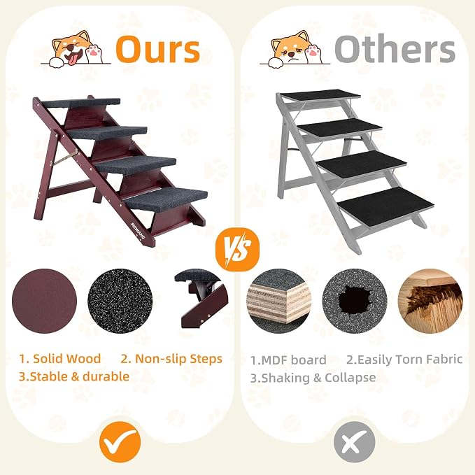 MEWANG Wooden Pet Stairs/Pet Steps - 3-in-1 Foldable Stairs & Ramp for Tall Beds and Cars - Portable Dog/Cat Ladder Up to 220 Pounds - for Small and Older Animals(Brown) (31.5" L x 17.2" W x 25.0" H)