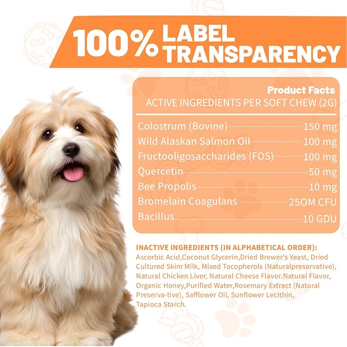 Dog Allergy Chews | Daily Support for Itchy Skin, Immune Health & Seasonal Allergies from Probiotics Omega 3 Quercetin Colostrum,Paw Licking, Pet Itchy Ear Relief Supplement - 100ct