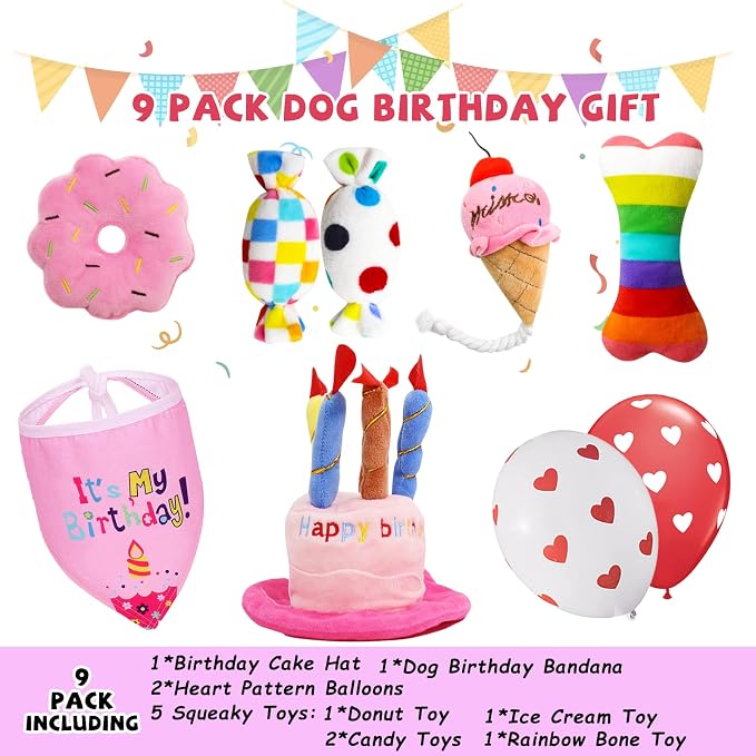 lilfrd 9Pcs Pink Dog Birthday Toy Set, Squeaky Hat Bandana Gift for Dogs | Birthday Party Kit, Plush Squeaky Dog Toys, Suitable for Small Medium Puppy