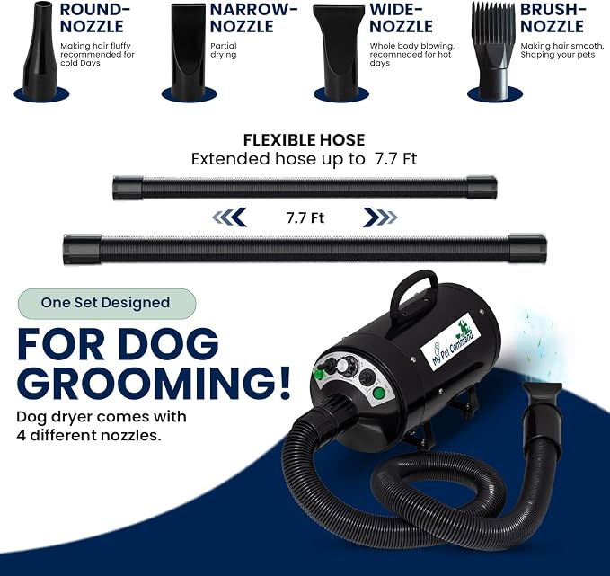 My Pet Command Professional 4.5HP Dog Dryer Blower High Velocity, 110V | 500W-2800W, Ultra Quiet, Adjustable Hot Cold Airflow and Windspeed , For Drying Deshedding, With 4 Nozzles and Slicker Brush