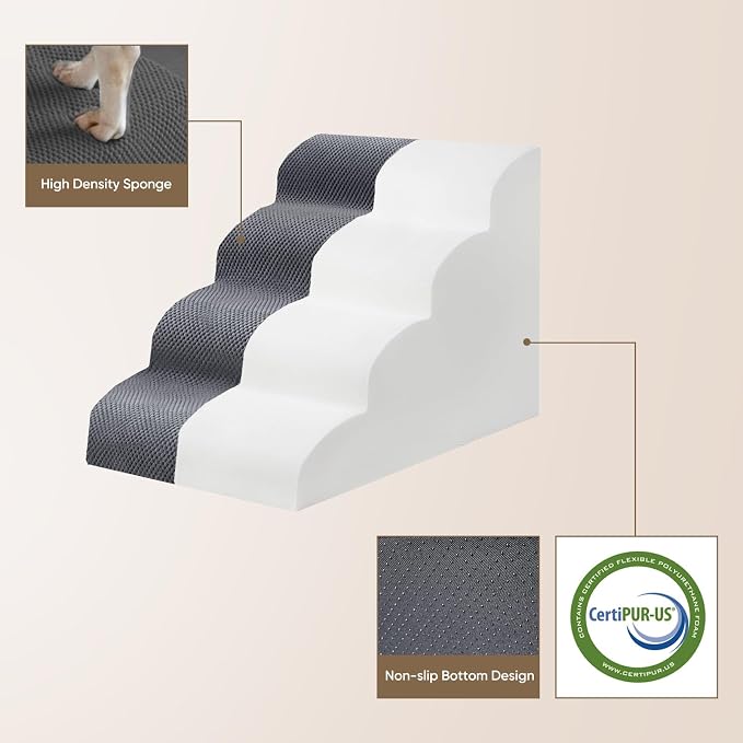 PAWSCRAT Pet Stairs for Dogs 4-Step, 19.6" H Pet Stairs for High Bed, Couch Sofa & Chair, 30D Material Soft Foam Dog Steps with Non-Slip Bottom Surface Removable Washable Cover, Grey