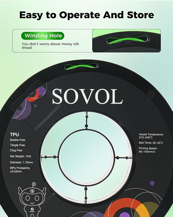 Sovol TPU Filament 1.75mm, 95A Soft TPU Flexible 3D Printer Filament with High Elasticity, 1kg (2.2lbs), Dimensional Accuracy +/- 0.03 mm, Fit Most FDM Printer, Clear Green