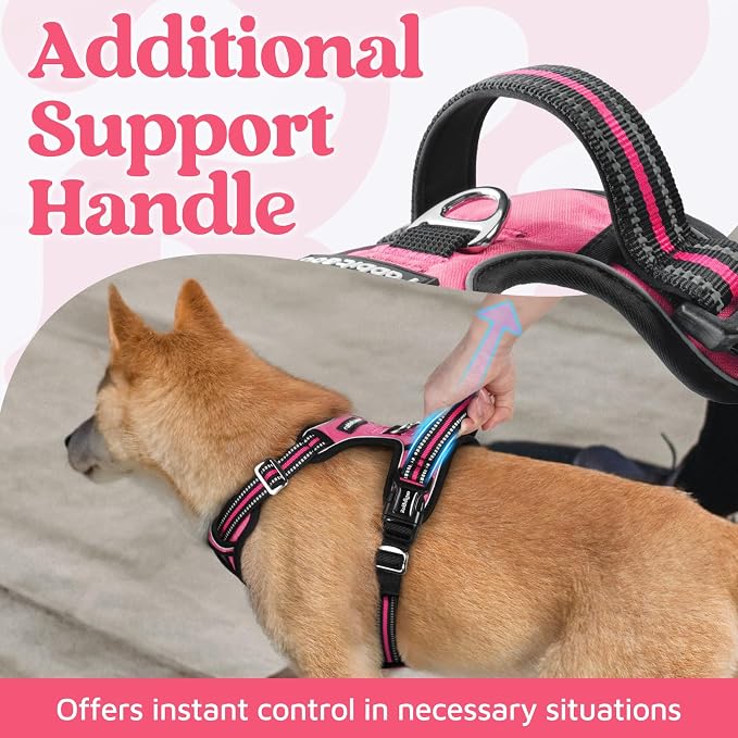 rabbitgoo Dog Harness Medium Sized, No Pull 3 Buckles Easy On & Off | Soft Padded, Walking with Control Handle, Adjustable and Reflective, Pink, Medium
