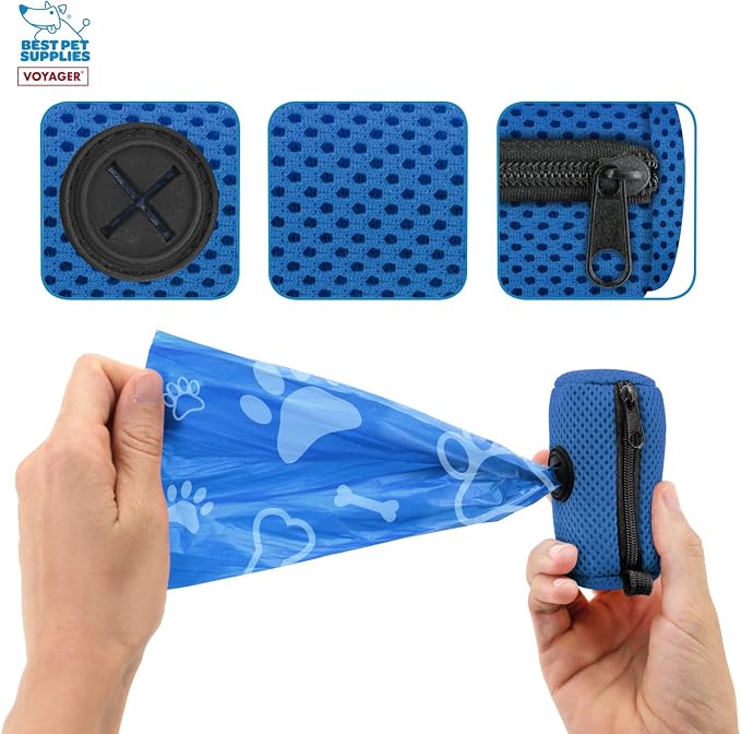 Best Pet Supplies Dog Poop Bag Holder Leash Attachment with 15 Bags, Royal Blue, Reusable Mesh Dispenser Pouch for Travel, Walking, Park, and Outdoor Use, Soft and Durable with Clip-On