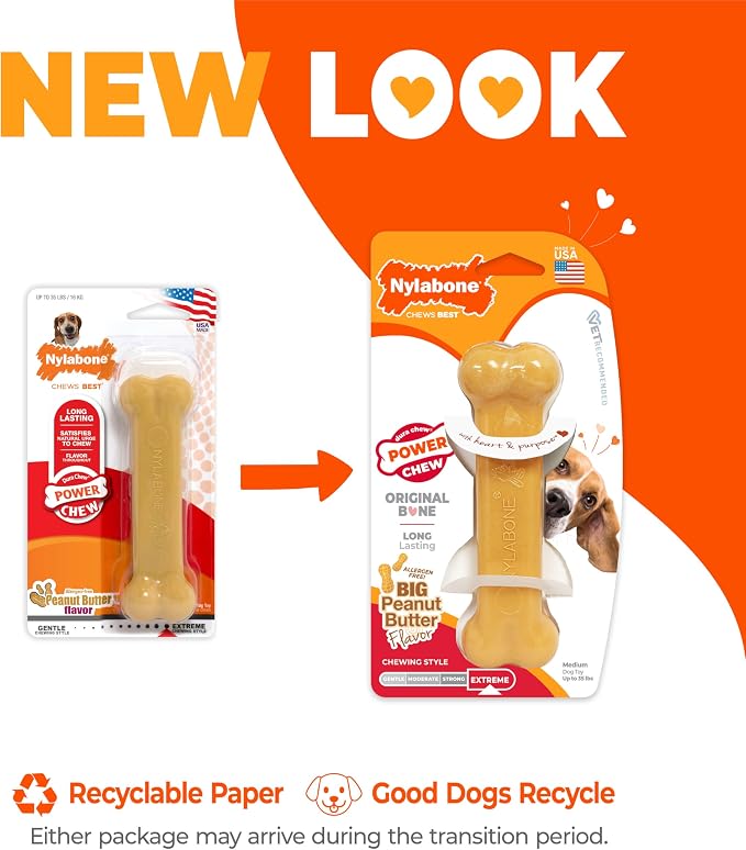 Nylabone Power Chew Classic Bone Chew Toy for Dogs, Durable Dog Toys for Aggressive Chewers, Peanut Butter Flavor, Medium/Wolf - Up to 35 lbs. (1 Count) | Durable chew toys, long lasting, flavor throughout, discourages destructive chewing, keeps dogs b...