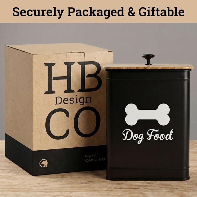 Metal Dog Food Container 5-7lb, 7lb, Iron + Bamboo Lid, Black: Bone
