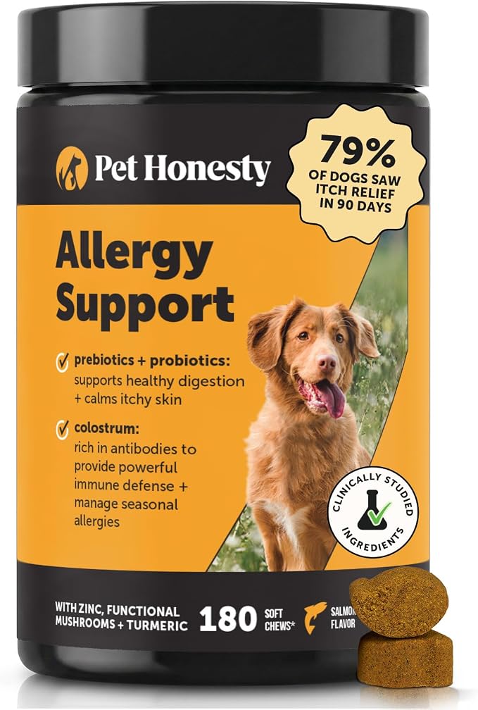 Pet Honesty Dog Allergy Chews - for Paw Licking, Itching & Seasonal Allergies - with Colostrum, Probiotics & Salmon Oil - Vet Recommended Itch Relief Supplement for Dogs (Salmon, 180 Ct)