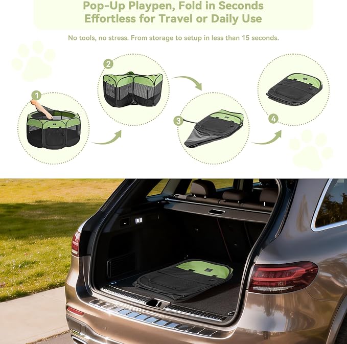 Dog Playpen for Small Dogs & Puppies, 50.39" Portable Indoor Outdoor Puppy Playpen with Bowl, Waterproof Floor, Foldable Pop-Up Pet Pen for Home, Travel & Daily Use, Green+Black