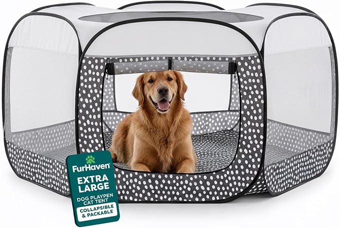 FurHaven Soft-Sided Dog & Cat Playpen, Portable Foldable Indoor & Outdoor Pet Playpen with Mesh Windows & Zippered Door, Gray Pebbles, Extra Large