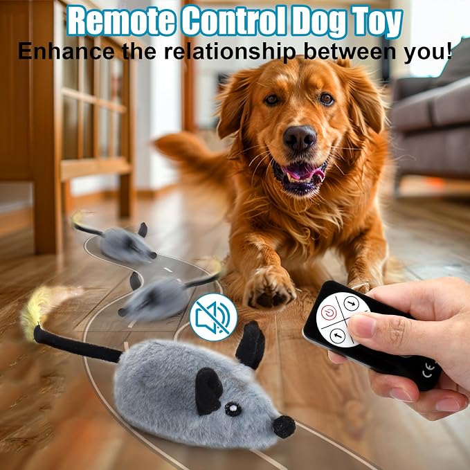 Interactive Dog Toys, Fake Mouse Moving Dog Toy with Automatic Sensor | Dog Mouse Toy with Realistic Sound & Extended Tail, Automatic Dog Toy for Cats Dogs Pet, Squeaky Dog Toys Remote Control Gray