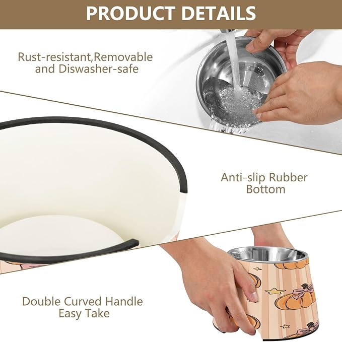 Blueangle Elevated Dog Bowls with Stainless Steel - Non-Slip 2.3 Cup High Capacity Pet Dish for Spinal Health & Pumpkins with Bows Design（154）