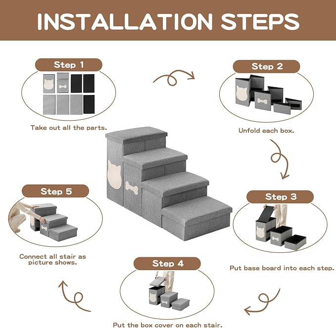 4-Step Wider Dog Steps for Bed 22" H, Foldable Dog Stairs with Storage, Non-Slip Pet Steps for Small Medium Large Dogs, Arthritis-Friendly Pet Stairs for Couch and Car Up to 200 lbs, Grey