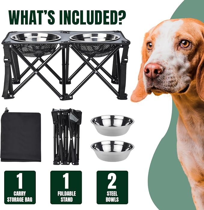 Foldable Camping Elevated Dog Bowl Stand – 10" Height Raised Dog Feeding Stand with 2 Stainless Steel Bowls 2.6" Depth – Portable Food and Water Bowl Set for Medium and Large Dogs – Black