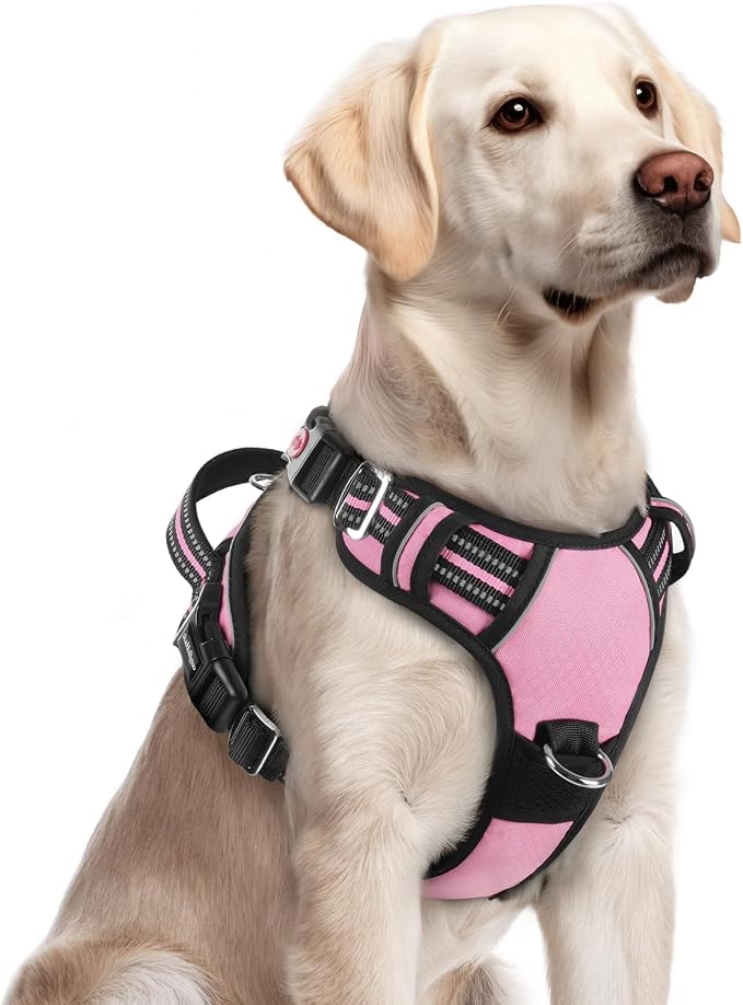 rabbitgoo Dog Harness for Large, No Pull 3 Buckles Easy On & Off | Soft Padded, Walking with Control Handle, Adjustable and Reflective, Light Pink, Large