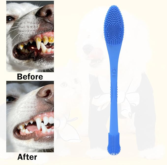 Pet Toothbrush Silicone Double Headed 360 Degree Cleaning Soft Bristles Easy to Handle Ergonomic Grip Suitable for Dog Home Use, Blue
