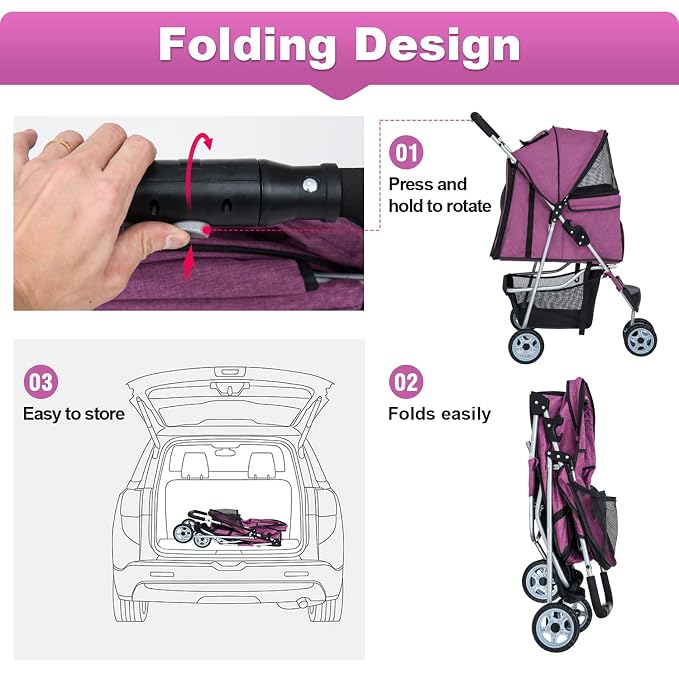 BestPet 3-Wheel Pet Stroller - Purple, Cup Holder