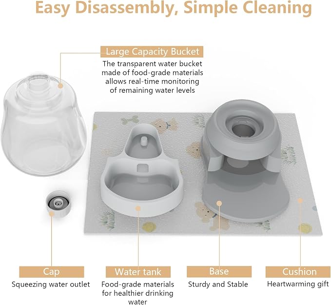 STALTWO 1 Gallon Automatic Dog Water Dispenser, Premium Large Capacity Gravity Pet Water Bowl with Non-Slip Mat for Multiple Pets, BPA-Free Cat Water Feeder for Large Dogs, Refill Less Often, Grey