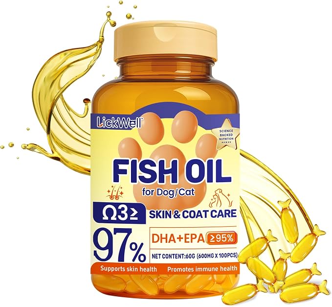 Fish Oil Pet Up to 97% Omega 3, 600 mg Omega 3 Per Soft Gel, Dog Fish Oil Supplement ≥95% EPA and DHA, Promotes Skin, Coat, Joint, and Immune Health, 100 Capsules