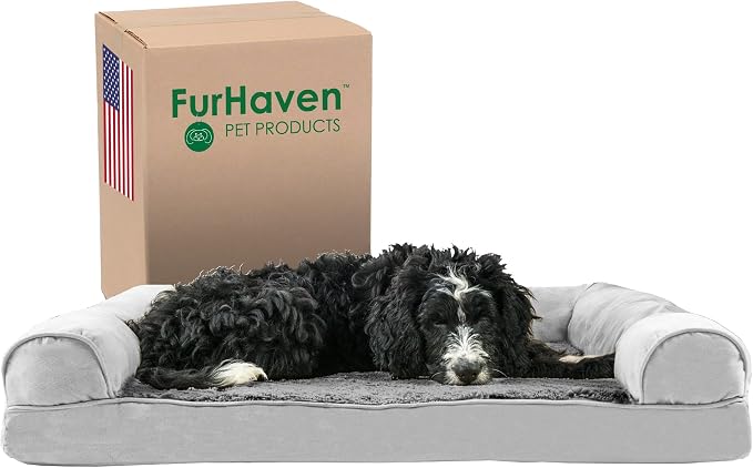 Furhaven Memory Foam Dog Bed for Large/Medium Dogs w/ Removable Bolsters & Washable Cover, For Dogs Up to 55 lbs - Plush & Suede Sofa - Gray, Large