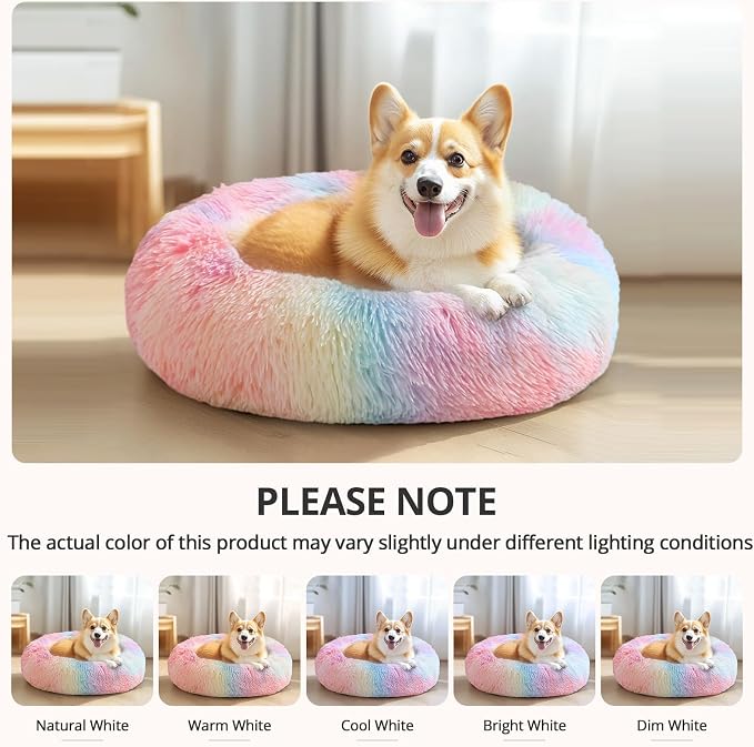 JOLLYVOGUE 23" Calming Donut Dog & Cat Bed, Rainbow
